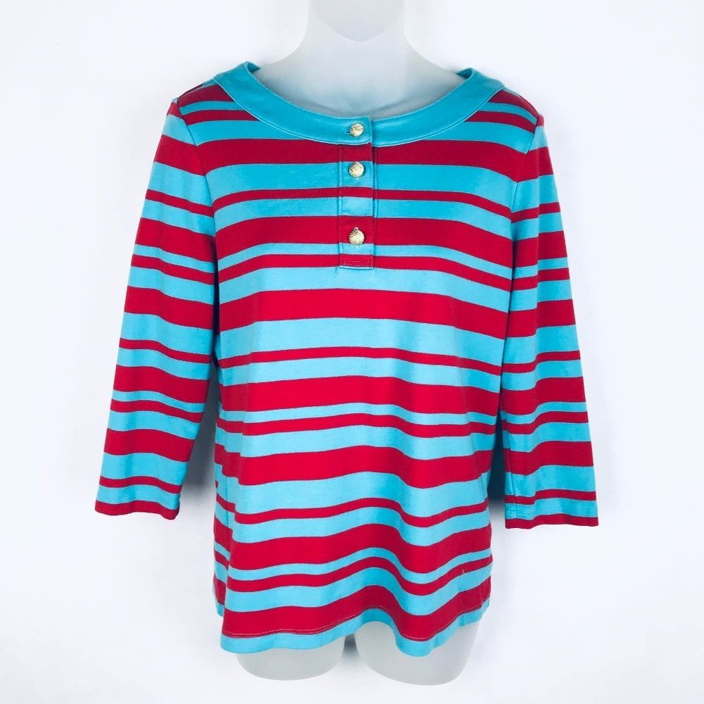 Talbots Striped Buttoned 3/4 Sleeve Crew Neck Top